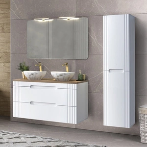 Zestaw mebli łazienkowych Fiji White biały zestaw mebli z szafką pod umywalkę nablatową ryflowania na frontach frezowane uchwyty