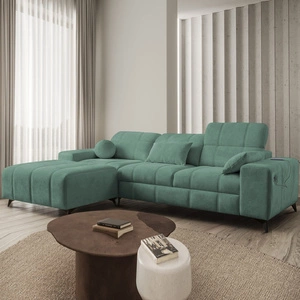 Narożnik z funkcją spania Penejos zielony lewostronny elegancki narożnik z pojemnikiem na pościel komfortowe regulowane zagłówki