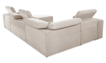 Narożnik z funkcją spania Cetara IV kremowy prawostronny stylowy design narożnika z przesuwanymi oparciami dwa pojemniki na pościel