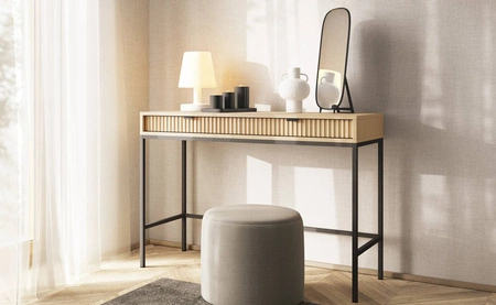 Konsola Lovro dąb vicenza z szufladami stylowy oraz funkcjonalny mebel do przedpokoju salonu czy biura kontrastowe czarne dodatki