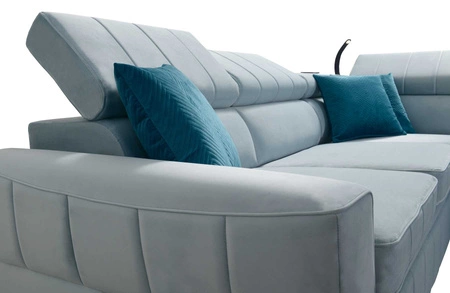 Narożnik z funkcją spania Rava IV grafitowy prawostronny velvet komfort podczas codziennego wypoczynku pojemnik na pościel