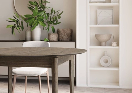 Stół okrągły rozkładany Plot 90 cm dąb ciemny funkcjonalny stół o niewielkich rozmiarach idealnie dopasuje się do mniejszych wnętrz