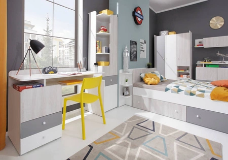 Biurko z szufladami Arona 125 cm białe / dąb wilton biały / szare stylowe i funkcjonalne do pokoju młodzieżowego