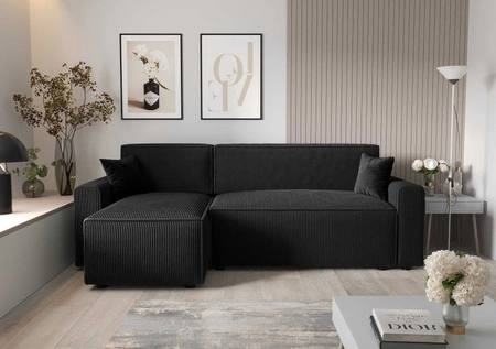 Narożnik z funkcją spania Brandon Bis czarny lewostronny trójwymiarowa tkanina o wyrazistych prążkach pojemnik na pościel