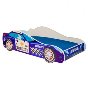 Łóżko Sheriff 80x160 cm designerskie łóżko z materacem w kształcie samochodu z ozdobnym nadrukiem wykonane z solidnych materiałów