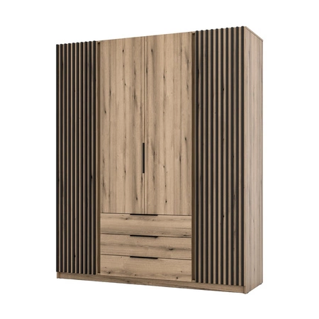 Szafa Kastano IV 200 cm dąb evoke nowoczesny design drzwi szafy ozdobione czarnymi lamelami metalowe uchwyty krawędziowe