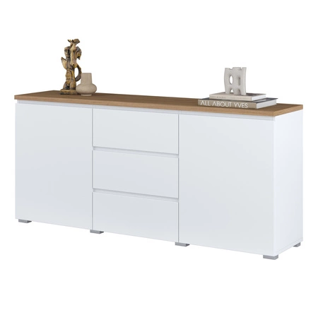 Komoda z szufladami Modo 150 cm biała / dąb mauvella prosta forma w nowoczesnym wydaniu idealna komoda do salonu lub sypialni frezowany uchwyt