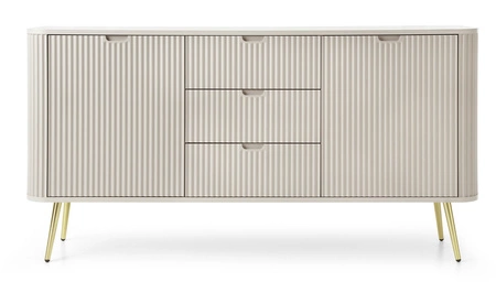 Komoda z szufladami Zoya 168 cm beżowa elegancki design owalny kształt bryły osadzony na złotych nogach gustowny ryflowany front