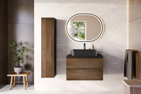 Szafka pod umywalkę Talia 80 cm czarny / dąb casella elegancki design szafka z gustowną frezowaną ramką na frontach uchwyty krawędziowe