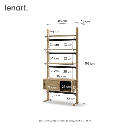 Regał Ollie 88 cm dąb olejowany / czarny modny regał z drzwiami przesuwanymi idealna propozycja do biura lub pokoju nastolatka