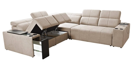 Narożnik z funkcją spania Tesalia III niebieski lewostronny komfortowy narożnik z przesuwanym oparciem dwa pojemniki na pościel