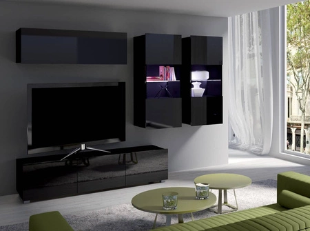 Meblościanka Apulia VI czarny połysk wyjątkowo stylowa meblościanka proste bryły wpisujące się w każde wnętrze