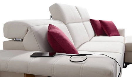 Narożnik z funkcją spania Bresso grafitowy prawostronny stylowy narożnik z praktyczną półką w kolorze dąb lancelot regulowane zagłówki