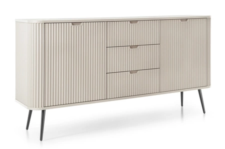 Komoda z szufladami Zoya 168 cm beżowa elegancki design owalny kształt bryły osadzony na metalowych nogach gustowny ryflowany front