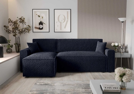 Narożnik z funkcją spania Brandon Bis granatowy lewostronny miękka tkanina o charakterystycznej pętelkowej powierzchni pojemnik na pościel