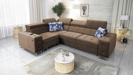Narożnik z funkcją spania Hampton II jasny brąz lewostronny stylowy narożnik rozkładany miękka tkanina obiciowa typu velvet