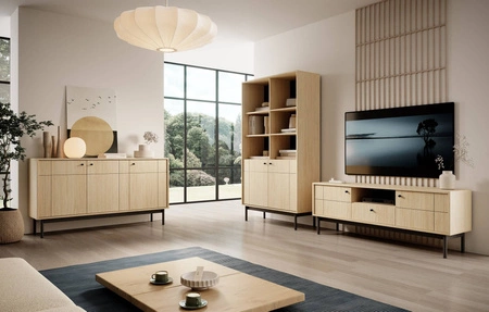 Witryna Modesta 104 cm dąb linea elegancka witryna do salonu o minimalistycznym designie ryflowane szkło hartowane