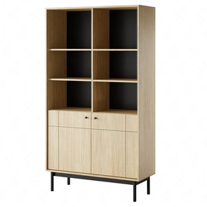 Regał Modesta 104 cm dąb linea prosta bryła w stonowanej kolorystyce subtelne metalowe uchwyty regał z drzwiami w stylu japońskim