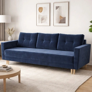 Kanapa rozkładana Telsze niebieska elegancka sofa do salonu w skandynawskiej formie drewniane wysokie nogi pojemnik na pościel