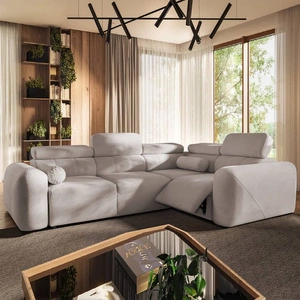 Narożnik z funkcją spania Cantare II Lux kość słoniowa prawostronny komfortowy narożnik z podnoszonym podnóżkiem miękka tkanina