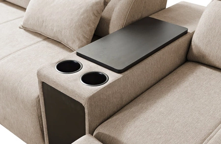 Narożnik z funkcją spania Tesalia V szary prawostronny komfortowy narożnik z szufladą oraz funkcją przesuwanego oparcia