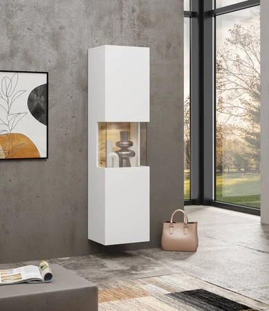 Witryna Ava 36 cm biała / dąb wotan elegancka witryna do salonu z możliwością powieszenia prosta bryła idealna do każdego wnętrza