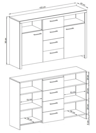 Komoda z szufladami Neba 155 cm dąb riviera nowoczesny design mebla wysoka jakość obrzeża komody wykończone specjalną okleiną ABS