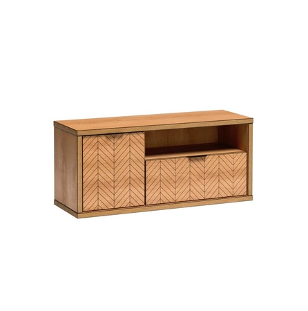 Szafka RTV Fonti 118 cm dąb karmel elegancka stylistyka szafki z szufladą czarne uchwyty krawędziowe finezyjne zdobienie frontów