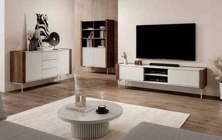 Szafka RTV Tantuni 180 cm orzech warmia / beżowy stylowa szafka pod telewizor w modnym stylu zaokrąglone krawędzie frontów