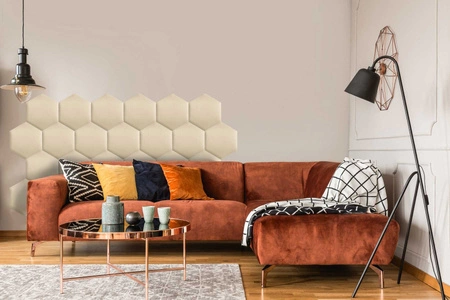 Panel tapicerowany Heksagon 30x26 cm kremowy stylowy panel ścienny welurowa tkanina modna dekoracja każdego wnętrza