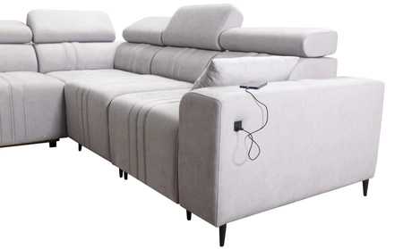 Narożnik z funkcją spania Castel III szary brąz prawostronny narożnik z dwoma pojemnikami na pościel regulowane zagłówki