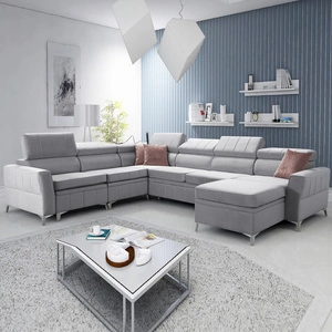 Narożnik z funkcją spania Rava VII szary popiel prawostronny praktyczny i nowoczesny narożnik do salonu z regulowanymi zagłówkami