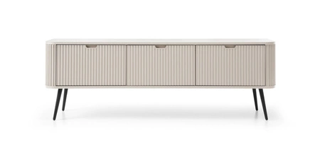 Szafka RTV Zoya 168 cm beżowa nowoczesny design bryła osadzona na metalowych nogach ryflowany front charakterystyczny owalny kształt