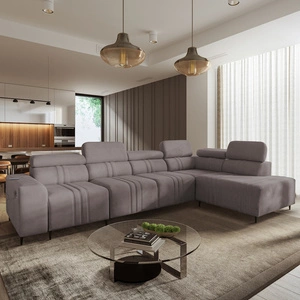 Narożnik z funkcją spania Castel XI szary brąz prawostronny komfortowy narożnik z pojemnikiem na pościel wytrzymała tkanina