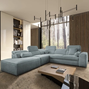 Narożnik z funkcją spania Viano IX szary błękit lewostronny stylowy narożnik z pojemnikami na pościel idealny mebel do dużego salonu