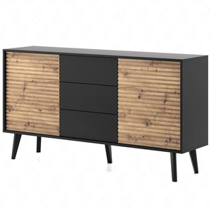 Komoda z szufladami Saipan 154 cm czarny / dąb artisan nowoczesny design funkcjonalna idealna do wnętrz w stylu klasycznym i skandynawskim dekoracyjny ryflowany dekor