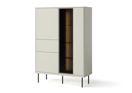 Witryna Epiro 99 cm beżowy / dąb ciemny stylowa witryna szklana z szufladą w stylu minimalistycznym z oświetleniem system push to open