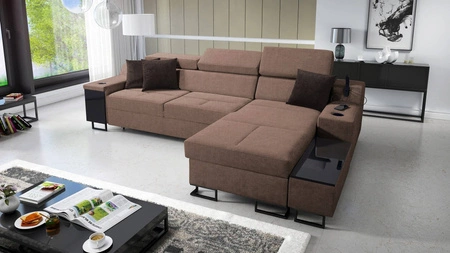 Narożnik z funkcją spania Alcamo jasny brąz prawostronny elegancki i stylowy narożnik z dostawką praktyczna szuflada w boczku mebla