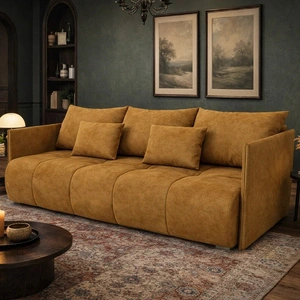 Kanapa rozkładana Selva miodowa funkcjonalna sofa do salonu z pojemnikiem na pościel velvetowa tkanina o eleganckiej strukturze