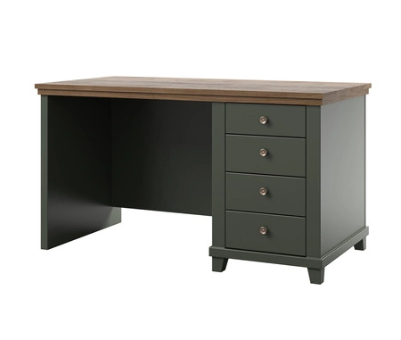 Biurko z szufladami Evora 140 cm butelkowa zieleń / dąb lefkas elegancka stylistyka zachwyci miłośników wyrazistych wnętrz do gabinetu lub biura 
