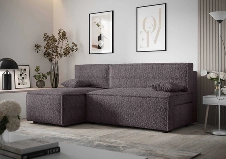 Narożnik z funkcją spania Brandon grafitowy lewostronny miękka tkanina o charakterystycznej pętelkowej powierzchni pojemnik na pościel