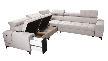 Narożnik z funkcją spania Bolmso III brązowy lewostronny narożnik z pojemnikami na pościel szuflada z pełnym wysuwem w boczku mebla