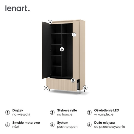 Szafa Trend 101 cm beżowa nowoczesna szafa do przedpokoju z pojemną szufladą wzbogacona o oświetlenie system otwierania push to open
