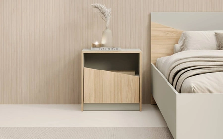 Zestaw mebli do sypialni Atson szarobeżowy / dąb olejowany nowoczesny design komplet mebli do sypialni oryginalny kształt frontów mebli