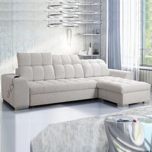 Narożnik z funkcją spania Luigi jasny beż prawostronny narożnik z dwoma pojemnikami na pościel tkanina o ciekawej strukturze