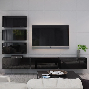 Meblościanka Emba czarny połysk nowoczesne rozwiązanie do salonu idealny wybór dla osób poszukujących praktycznych i nietuzinkowych rozwiązań