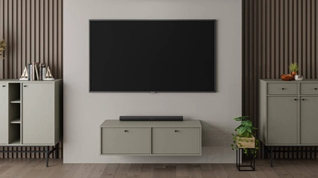 Szafka RTV Kioto IV 121 cm eukalipptus elegancka szafka z drzwiami otwieranymi do dołu stonowana kolorystyka czarne metalowe uchwyty