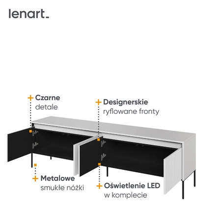 Szafka RTV Trend 193 cm biała nowoczesna szafka pod telewizor z metalową podstawą ryflowane fronty subtelne oświetlenie LED