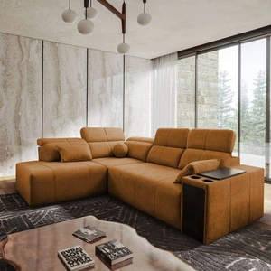 Narożnik z funkcją spania Tesalia VII miodowy lewostronny nowoczesny design komfortowe przesuwane oparcie szuflada w boczku mebla