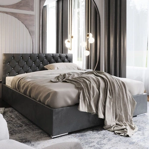 Łóżko tapicerowane Bauru 180x200 szare z pojemnikiem w nowoczesnym skandynawskim stylu z pikowanym zagłówkiem z kryształkami